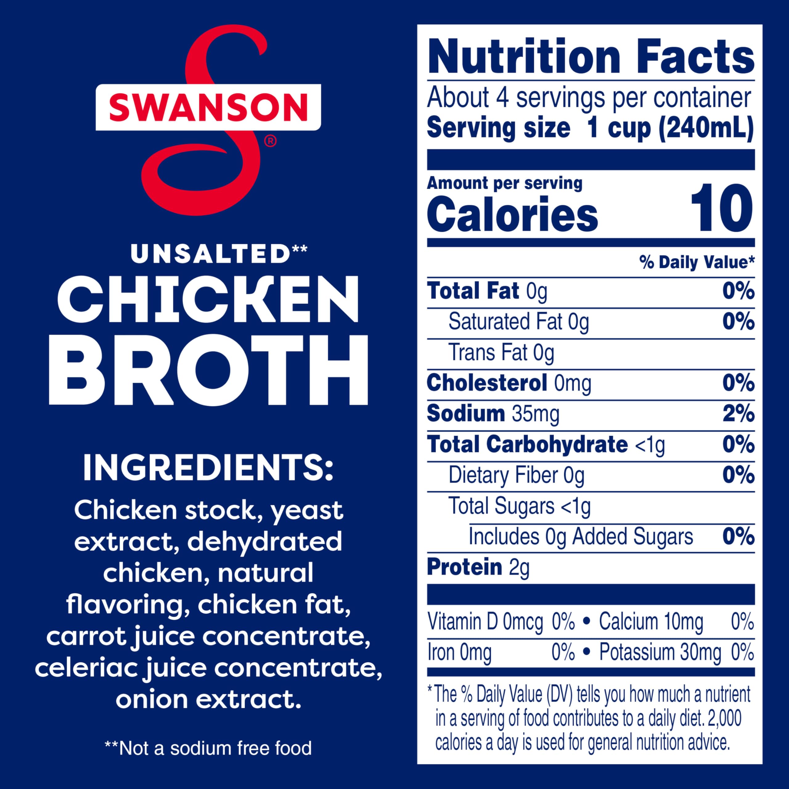 Swanson 100% Natural Unsalted Chicken Broth, 32 oz Carton