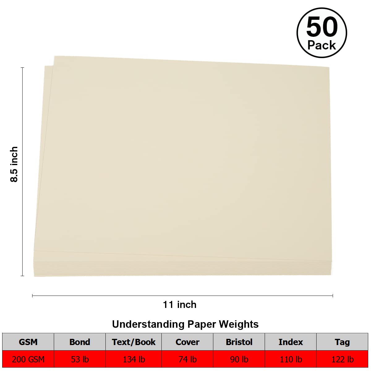 50 Pieces 8.5" x 11" Cream Cardstock, Heavyweight Cardstock Sheets Blank Invitation Paper Greeting Cards Printable, 74lb Cover 200 GSM