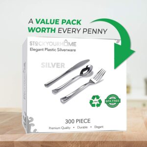 Stock Your Home Silver Plastic Cutlery Set 300 Pack Disposable Silverware Heavy Duty Plastic 100 Forks, 100 Knives, 100 Spoons for Catering Events, Parties, Dinners, Weddings, Receptions, Everyday Use