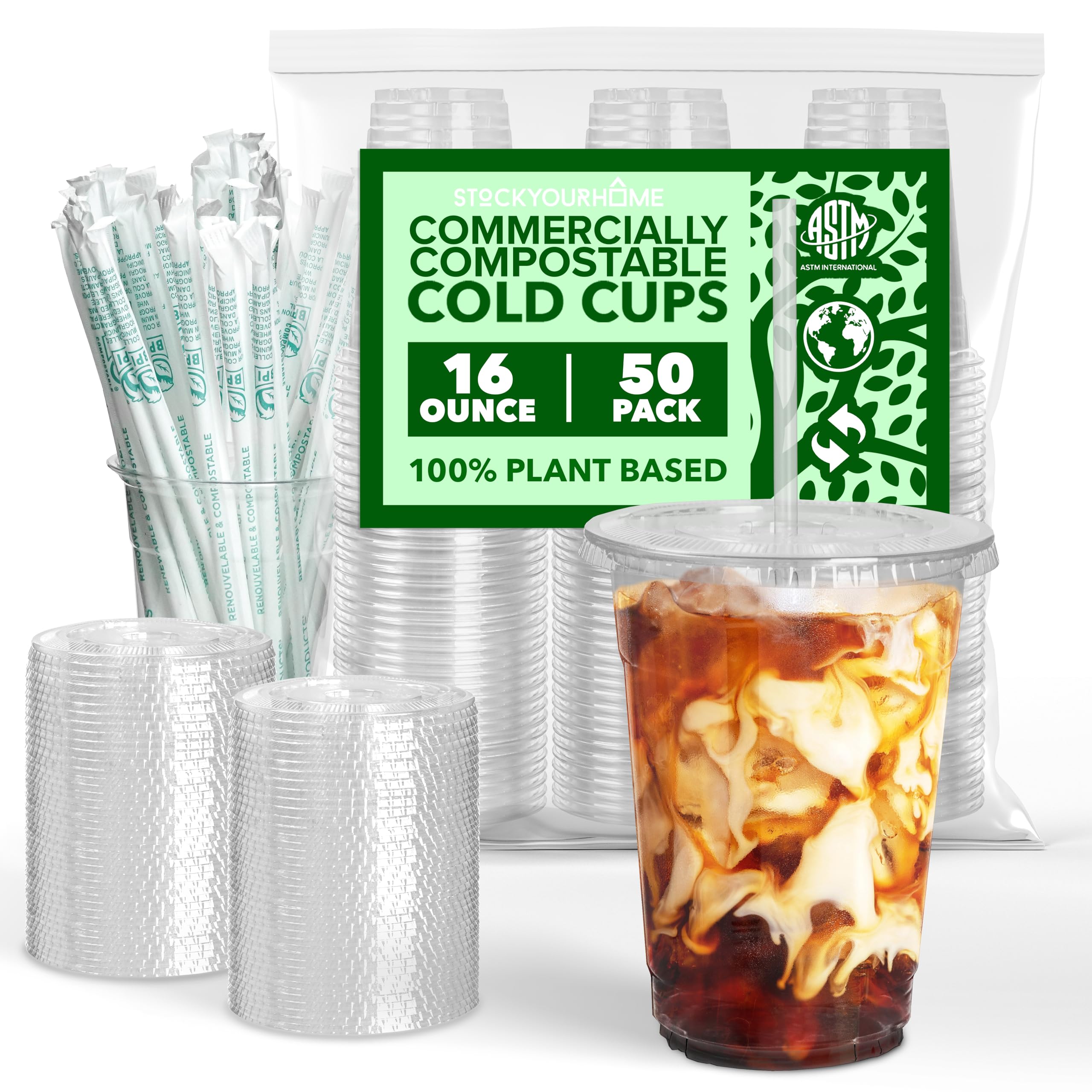 Stock Your Home 16 oz Clear Commercially Compostable Cups with Lids and Straws (Set of 50) Plant Based Cold Cups Eco Party Cup, Environmentally Friendly Recyclable Disposable Sustainable