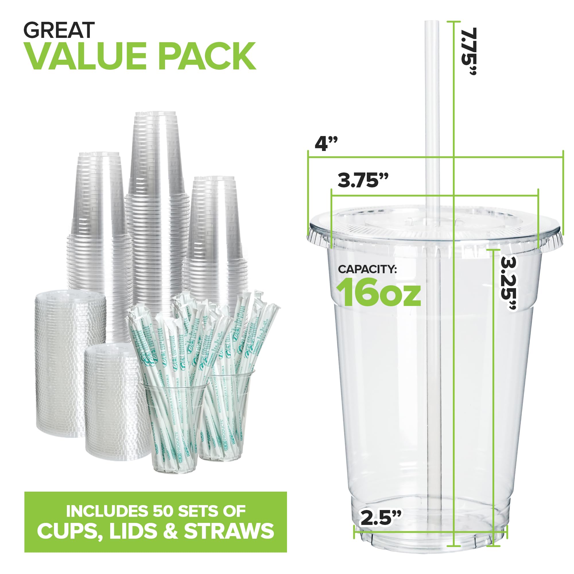 Stock Your Home 16 oz Clear Commercially Compostable Cups with Lids and Straws (Set of 50) Plant Based Cold Cups Eco Party Cup, Environmentally Friendly Recyclable Disposable Sustainable