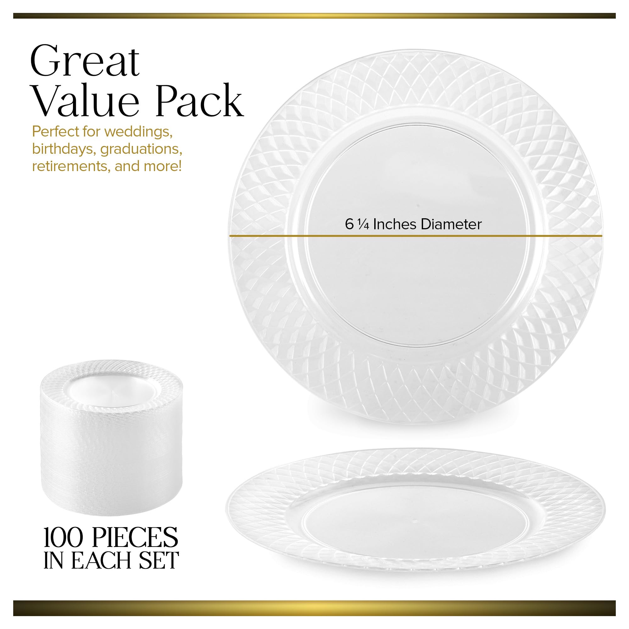 Stock Your Home Premium Clear Plastic Dessert Plates, 6" Inch Appetizer, Dessert, and Party Plates (100 Count) Heavy Duty Hard Plastic Disposable Wedding Cake Plates, Crystal Clear for Holiday Parties