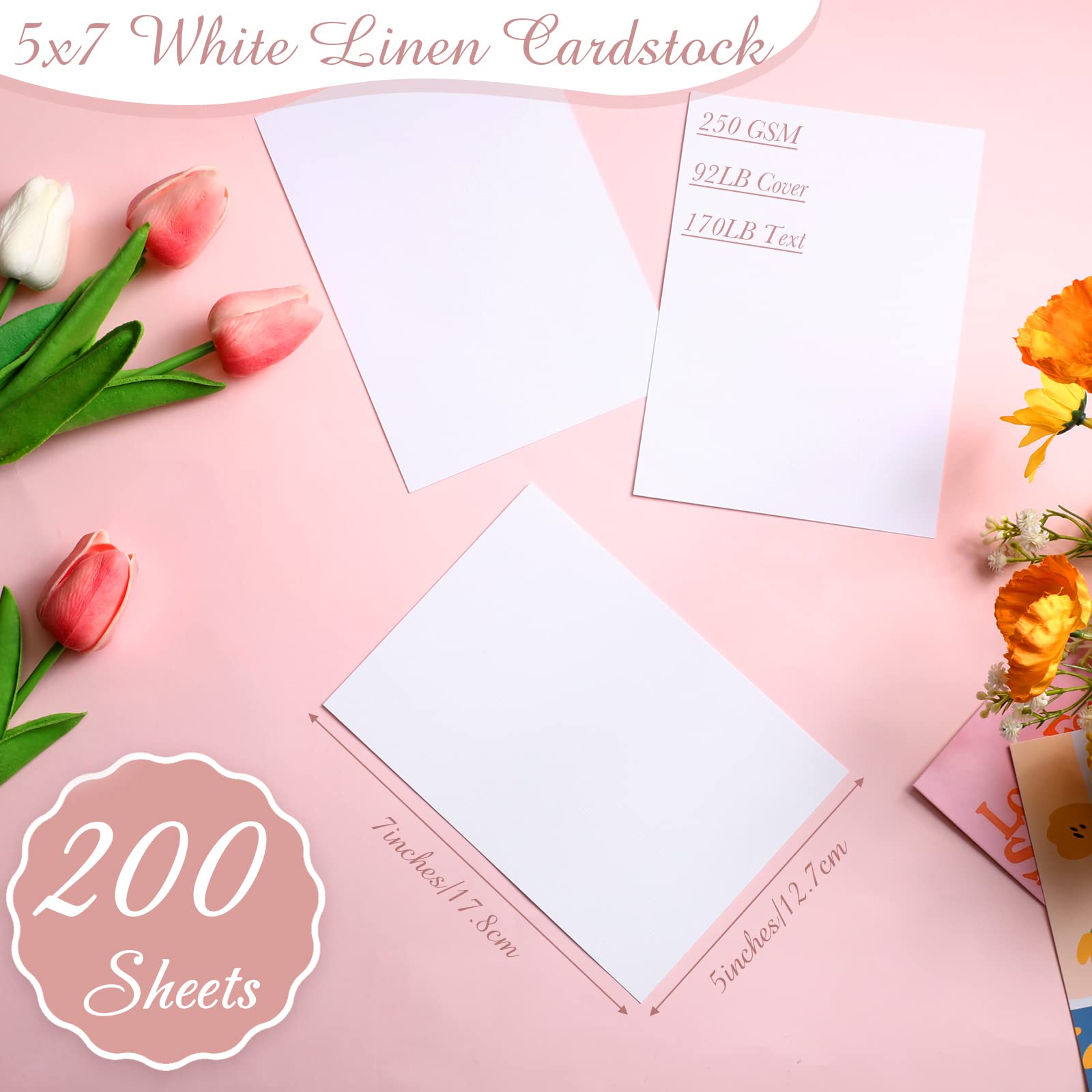 200 Sheets Linen Cardstock 5 x 7 Invitation Cardstock Heavy Weight Printer Paper Cardstock 92lb 250GSM Card Stock for Printer Index Cards Cover Postcards Blank Flash Note Greeting (White)