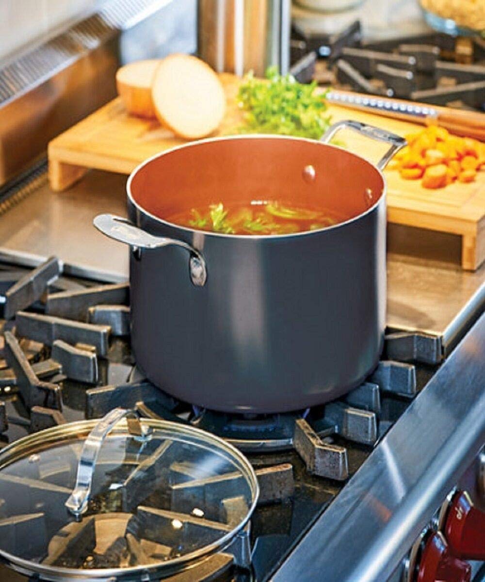 Gotham Steel Stock Pot with Ultra Nonstick Ceramic and Titanium Coating Includes Tempered Glass Lid – Dishwasher Safe, 7 Quart, Copper Black