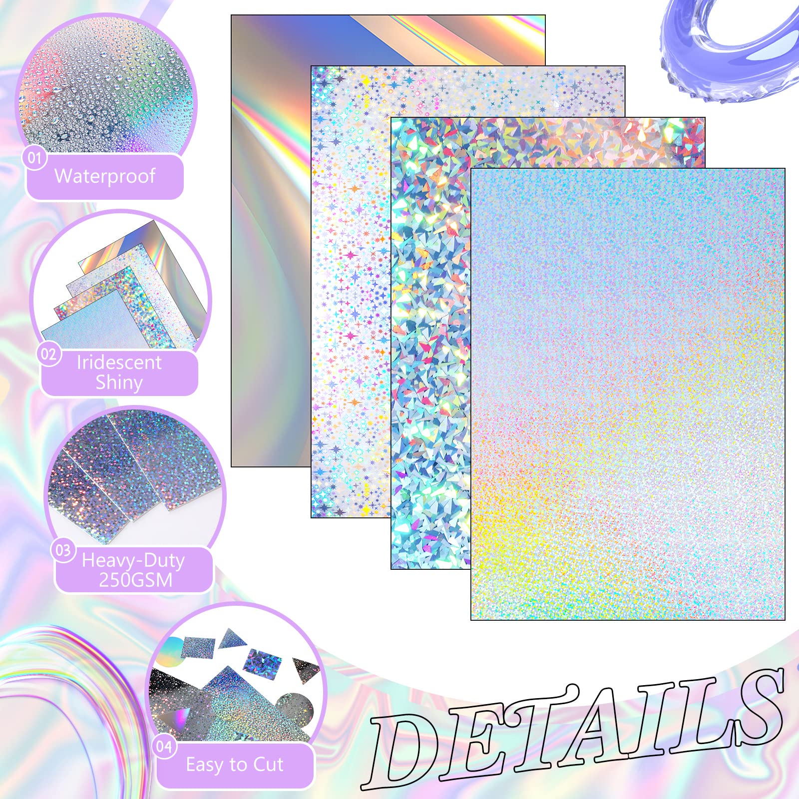 Kosiz 100 Sheets Metallic Holographic Card Stock Shiny Glitter Cardstock Paper Iridescent Mirror Paper 8.5 x 11'' 250 GSM Thick Mixed Color Foil Paper for Scrapbook Letter Poster Craft(Laser Color)