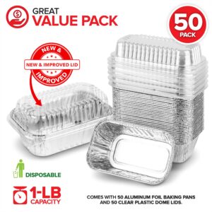 Stock Your Home Disposable Aluminum Mini Loaf Pans with Lids, 1 lb (50 Pack) New & Improved Plastic Dome Lid Foil Baking Tins, Tin Pans for Cake, Bread, Holiday Baked Goods Packaging