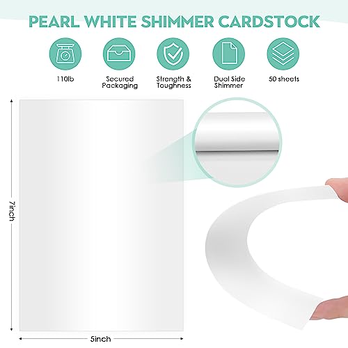 5X7 Metallic White Shimmer Card Stock Printer Paper 100lb 50 Pack Blank Pearlescent Index Cards Flat 300gsm for Invitations, Postcard,Photo Paper,Card Making