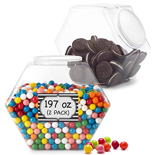 197-Ounce Plastic Jars with Lid (2 Count) - Wide Mouth Hexagon Cookie Jars - Reusable & Recyclable - Shatterproof Jars - Clear Plastic Jars for Cookies, Candy, Laundry Detergent Pods - Stock Your Home