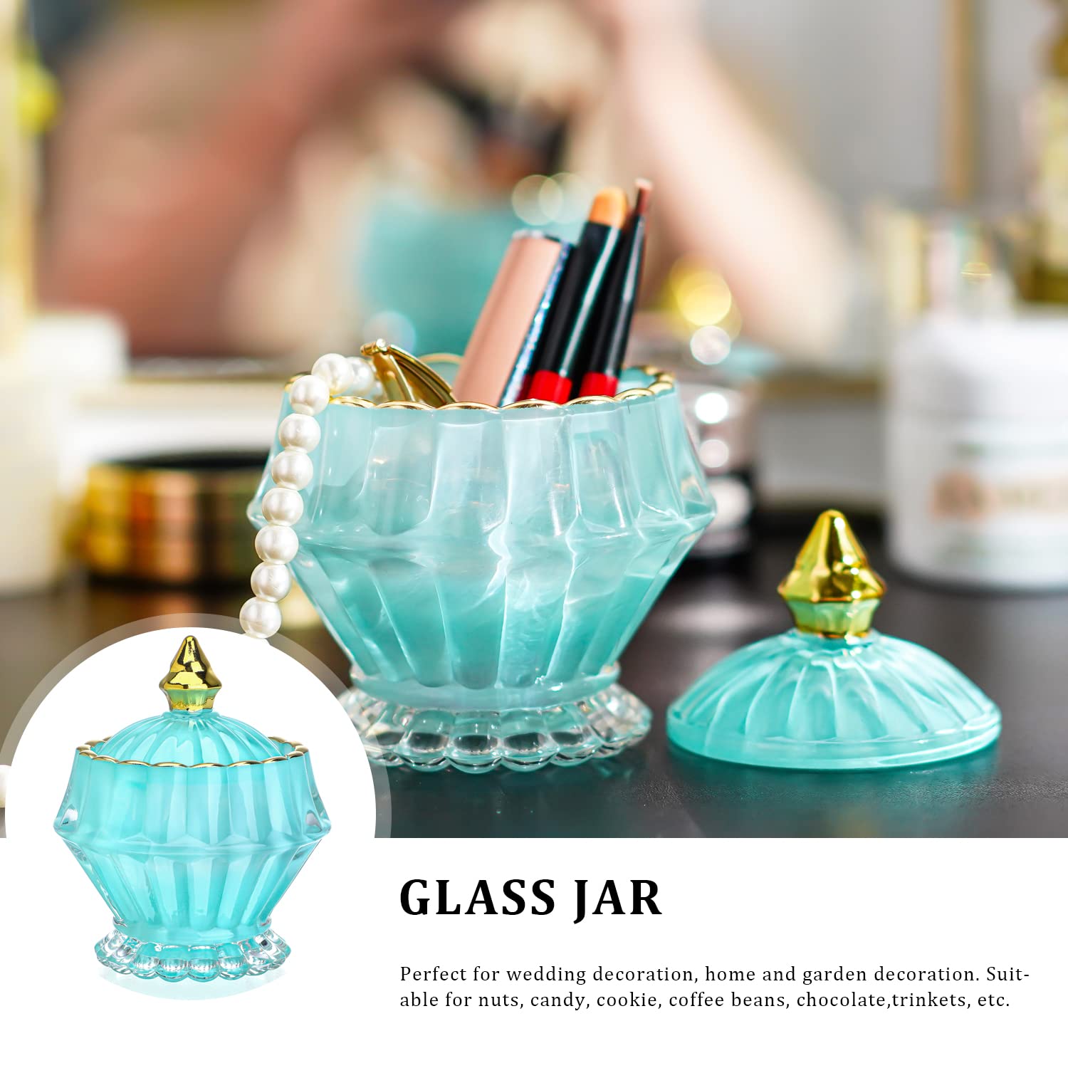 Blue Vintage Glass Jewelry Box,Crystal Candy Jar with Lid,Candy Dishes Decorative,Glass Storage Bathroom Jar Gift for Women