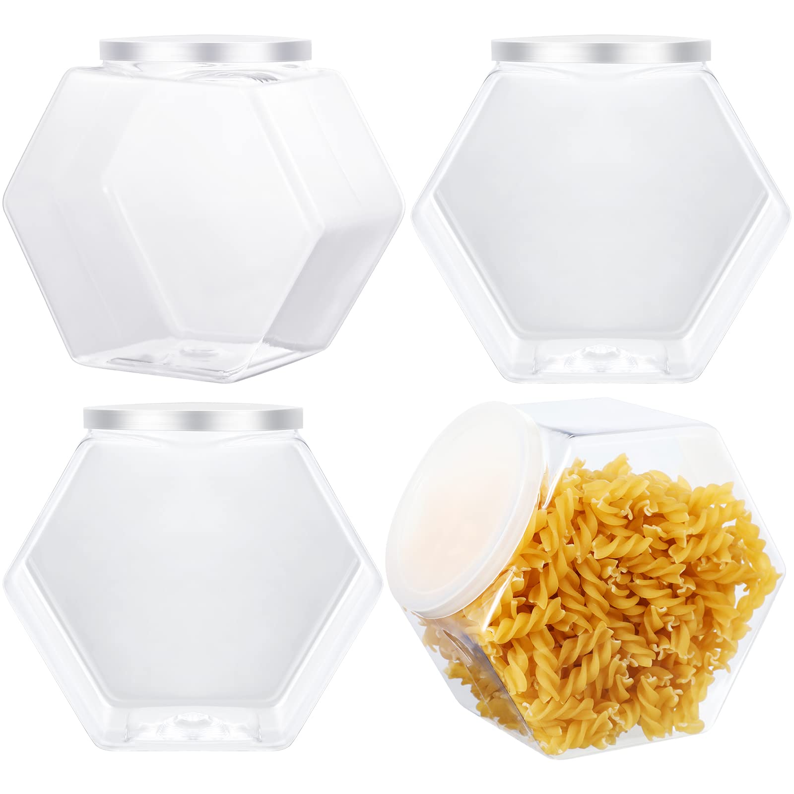 4 Pieces Plastic Candy Jars Cookie Jars for Kitchen Counter Hexagon Cookie Jar with Lid Clear Candy Containers Laundry Pod Storage Container Dry Food Jar for Candy Buffet Dog Treats Craft (29 Oz)