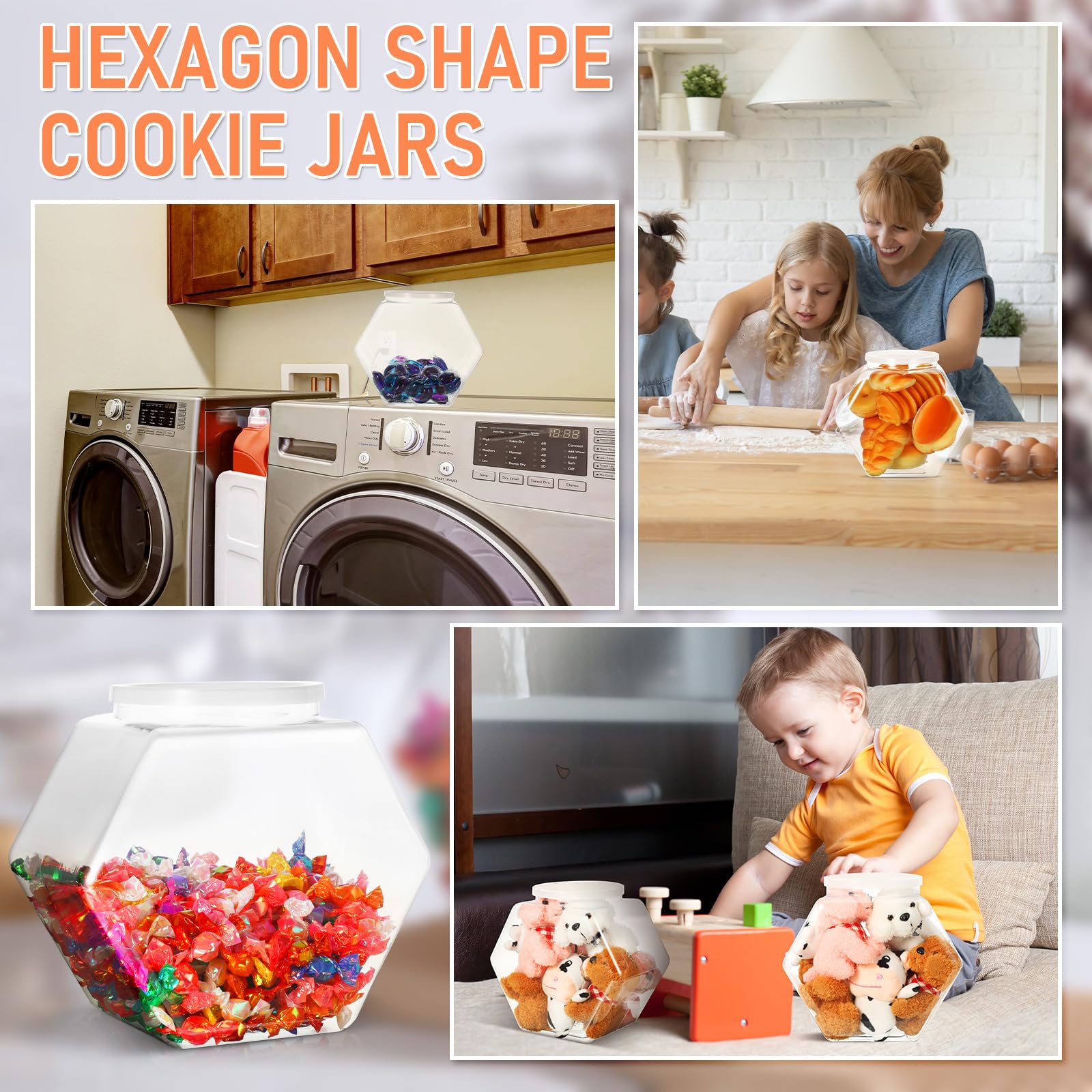 4 Pieces Plastic Candy Jars Cookie Jars for Kitchen Counter Hexagon Cookie Jar with Lid Clear Candy Containers Laundry Pod Storage Container Dry Food Jar for Candy Buffet Dog Treats Craft (29 Oz)