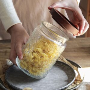 24 OZ Glass Storage Jar with Airtight Bamboo Wooden Lids, Vintage Food Containers Canisters Sets for Kitchen Counter Pantry, Sugar, Flour, Candy, Tea, Coffee Beans, Oats, Grain Bin, Pasta, Cereal