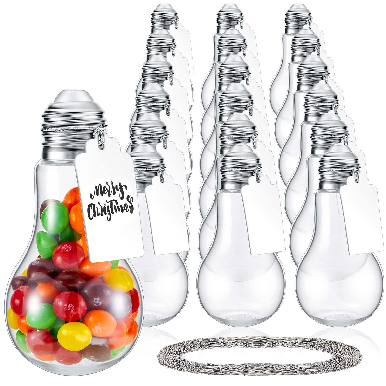 Tessco 48 Pieces 100 ML Plastic Light Bulb Jars with Graduation Card and String, Light Bulb Candy Containers Clear Candy Jars Fillable Lightbulb Ornaments for Crafts Drink Party Favors (Silver)