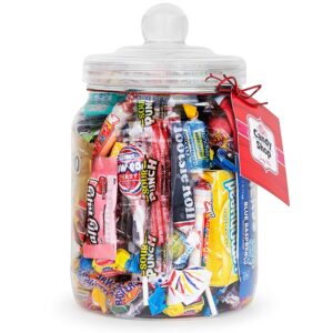 candy jar filled with your favorite party mix, blow pops, cherry heads, gold bears, laffy taffy, sour punch, & more - 1.75 pounds gift ready clear plastic jar