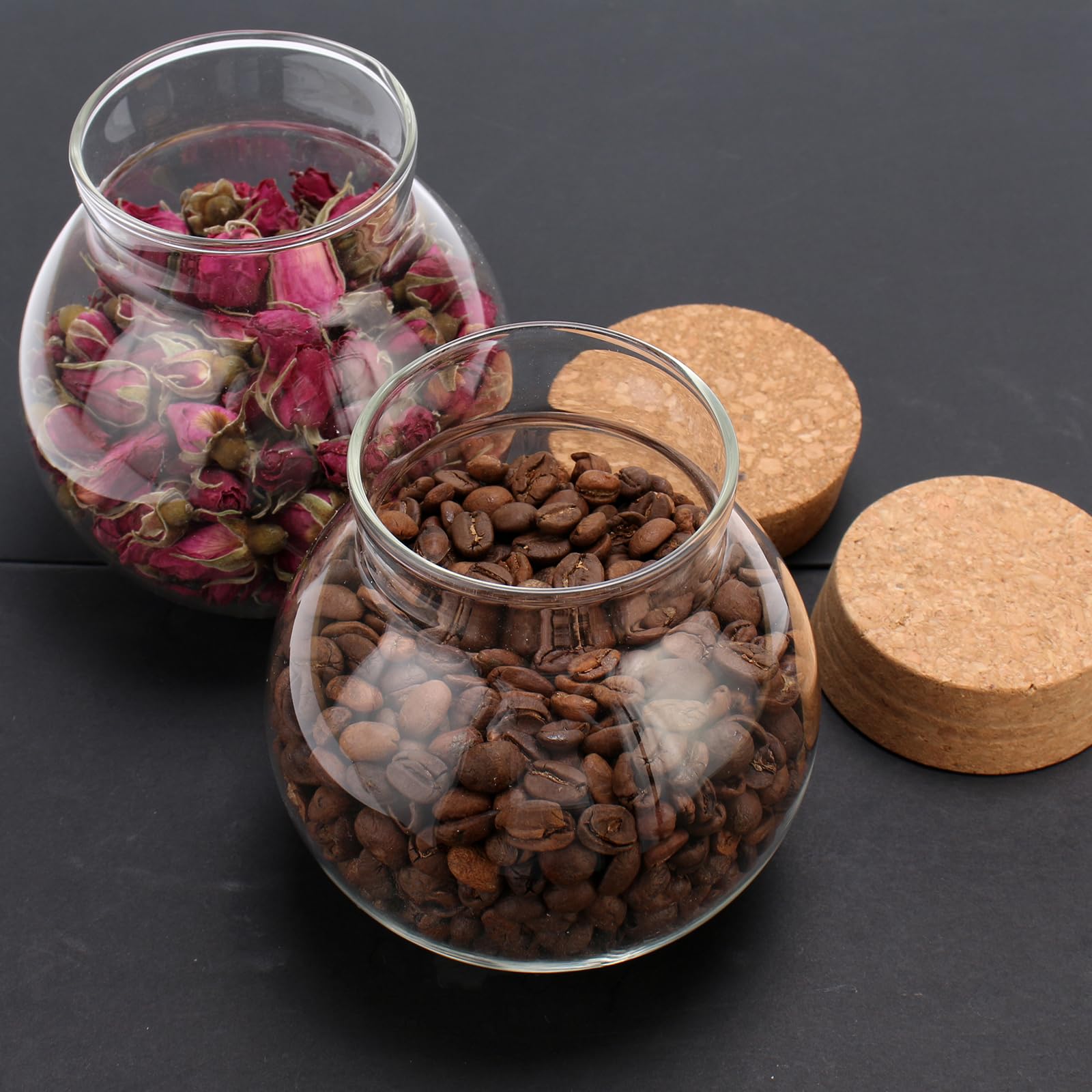 DNIENKGE Spherical Glass Jar With Cork Lid Airtight - 17oz Candy Jar Kitchen Glass Jar - for Preserving and Storing Coffee, Spice, Beans, Sugar, Apothecary etc 2PCS