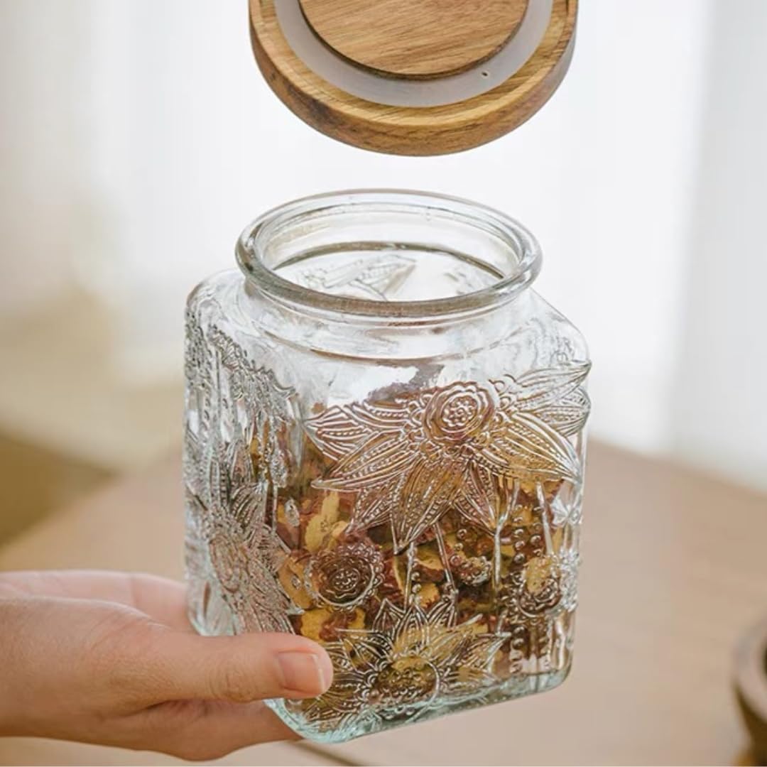 Square Glass Jar, 25.3 FL OZ Vintage Decorative Glass Storage Jar with Bamboo Lid, Glass Food Storage Containers for Candy, Cookies, Coffee, Tea, Cute Jar (Square-Sunflower)