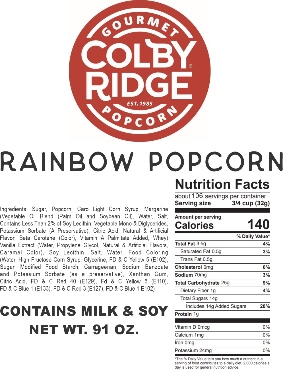 Colby Ridge Gourmet Craft Popped Gluten Free Popcorn Bulk Sized Large Gift Party Bags (Bulk 5 Gal. 80 Cups) (Rainbow)