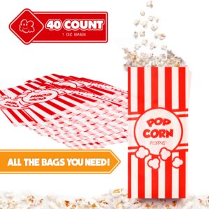 Poppy's Paper Popcorn Bags - 40 Pcs 1oz Concession-Grade Bags, Popcorn Machine Accessories for Popcorn Bars, Movie Nights, Concessions