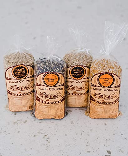 Amish Country Popcorn | 4-1 lb Bags | Variety Pack | 1 lb Baby White -1 lb Medium White - 1 lb Ladyfinger and 1 lb Midnight Blue Popcorn Kernels | Old Fashioned, Non-GMO and Gluten Free (4-1 lb Bags)