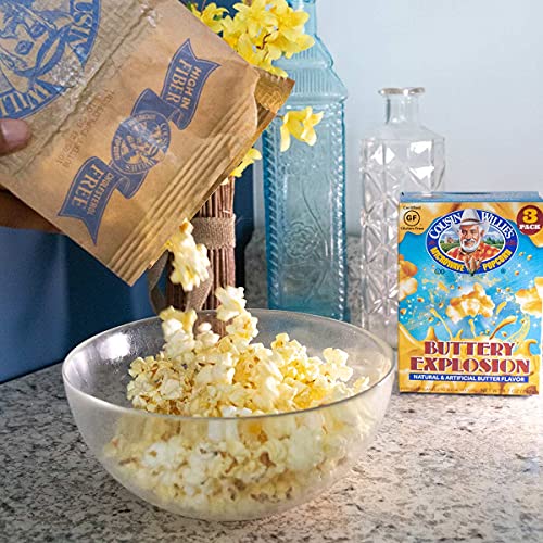 Cousin Willie's Microwave Popcorn Bags, Buttery Explosion (4 Boxes, 12 Bags), Gourmet Popcorn Boxes for Party, Whole Grain Popcorn, Gluten Free, Low Calorie Healthy Snack, Made in USA, non-GMO