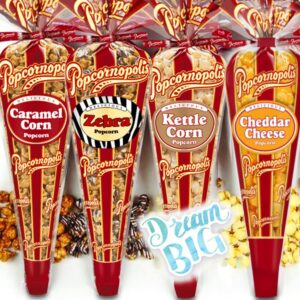 popcornopolis gourmet popcorn – premium pack of 4 popcorn mini cones & exclusive inspirational sticker! small storage space friendly & great stocking stuffers!