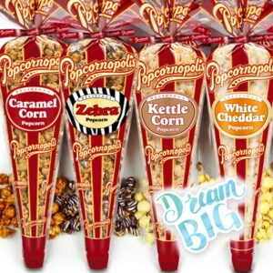 Popcornopolis Gourmet Popcorn – Premium Pack of 4 Popcorn Mini Cones & Exclusive Inspirational Sticker! Small Storage Space Friendly & Great Stocking Stuffers!