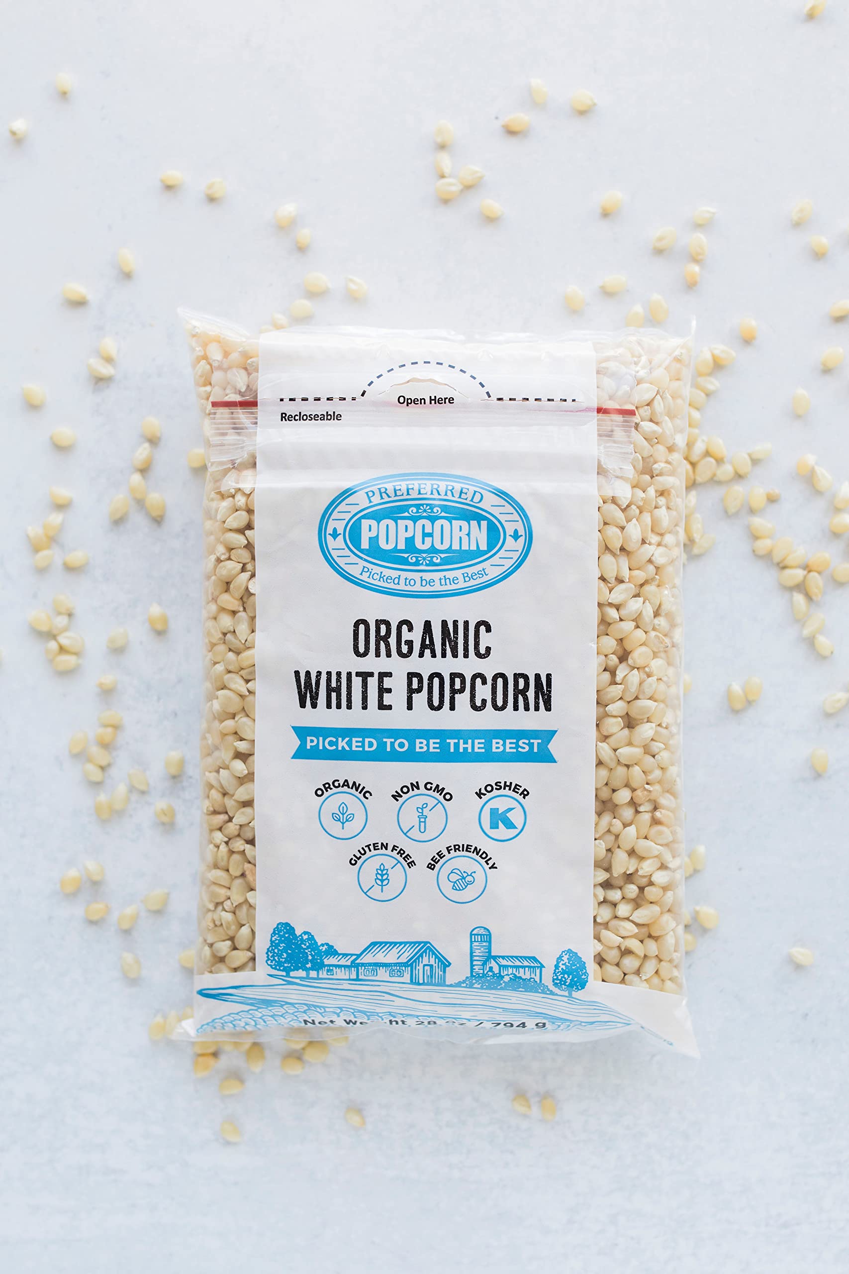 Preferred Popcorn Organic White Popcorn, 28 Ounce Bag, Pack of 4, 30 Servings Per Bag