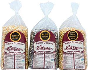 amish country popcorn | 3-2 lb bags | 2 lbs mushroom - 2 lbs extra large caramel type - 2 lbs blue popcorn kernels | old fashioned, non-gmo and gluten free (3-2 lb bags)