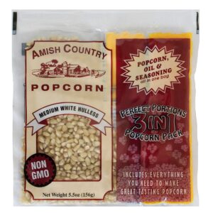 amish country popcorn | all-in-one medium white kernel popcorn packs | pre-measured for popcorn machines and includes hulless popcorn, oil & salt (5.5 ounce, pack of 24)