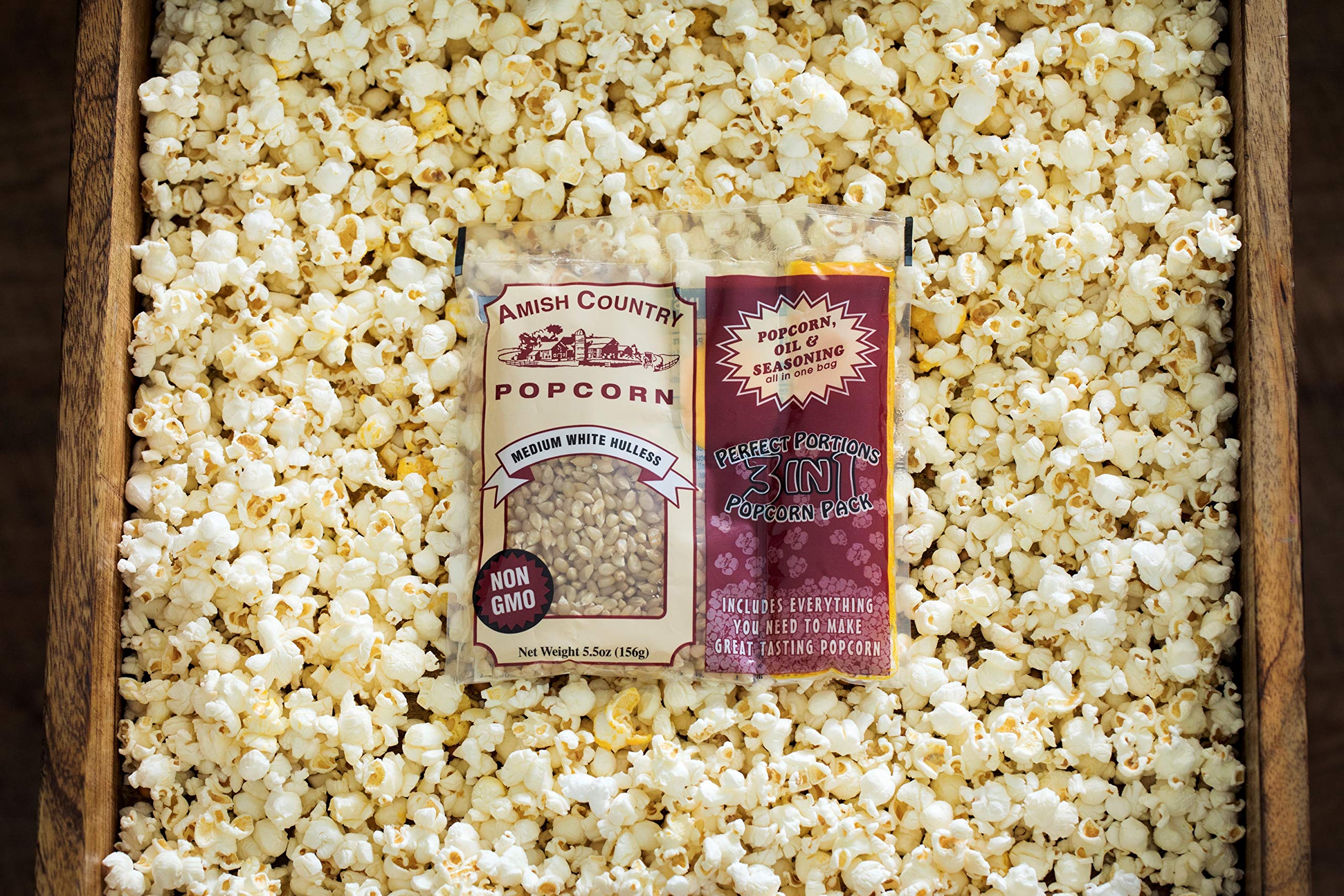 Amish Country Popcorn | All-In-One Medium White Kernel Popcorn Packs | Pre-Measured for Popcorn Machines and Includes Hulless Popcorn, Oil & Salt (5.5 ounce, Pack of 24)