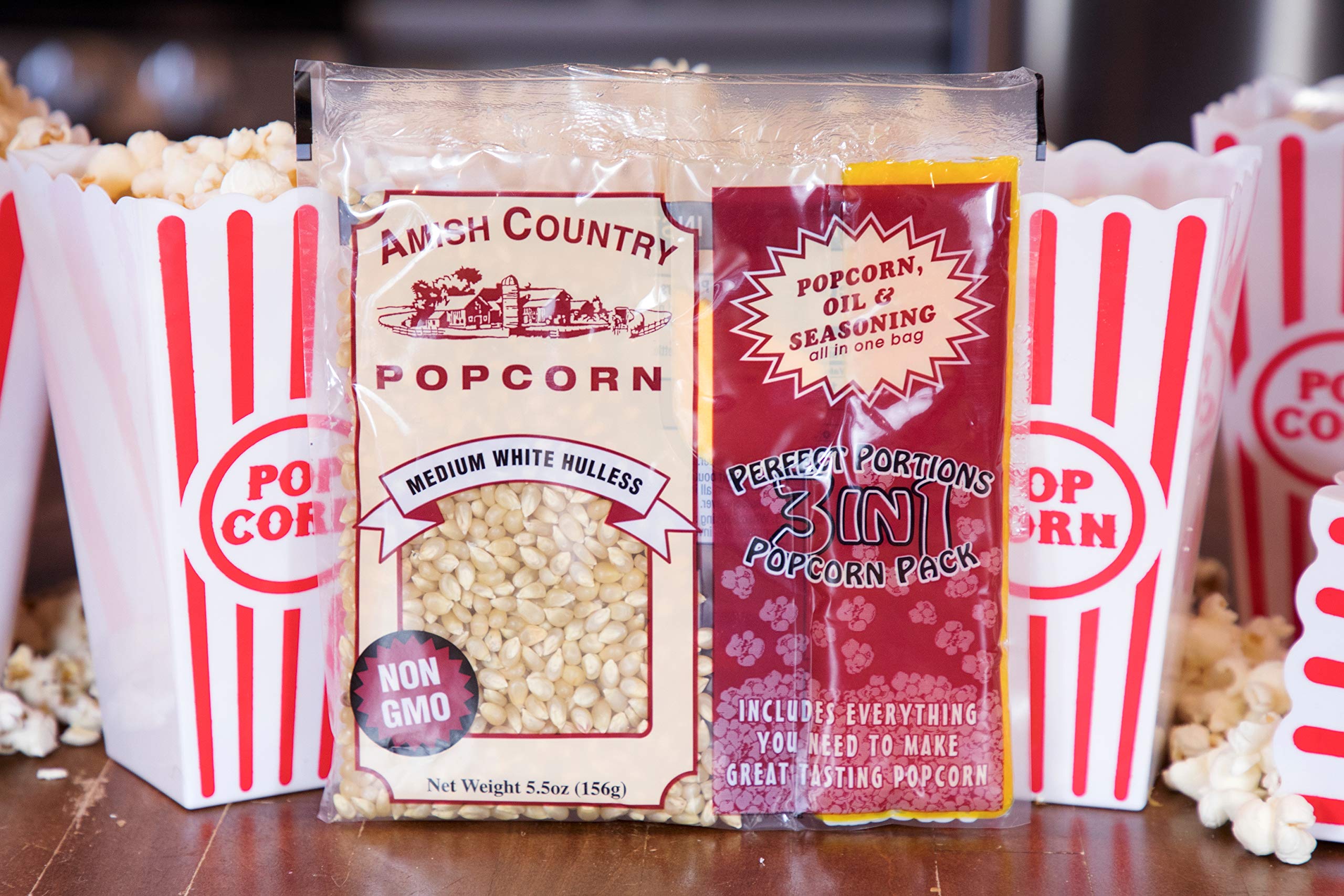 Amish Country Popcorn | All-In-One Medium White Kernel Popcorn Packs | Pre-Measured for Popcorn Machines and Includes Hulless Popcorn, Oil & Salt (5.5 ounce, Pack of 24)