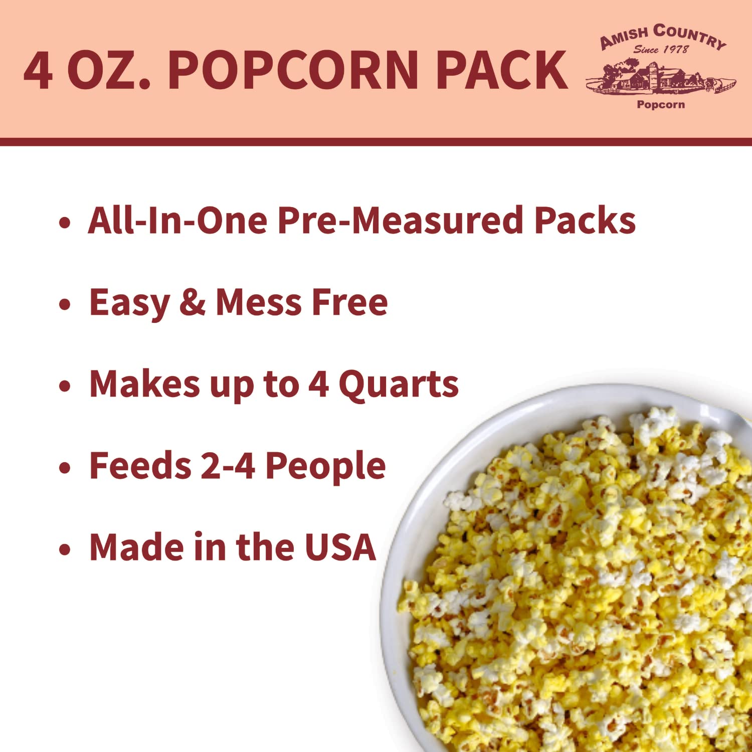 Amish Country Popcorn | All-In-One Medium White Kernel Popcorn Packs | Pre-Measured for Popcorn Machines and Includes Hulless Popcorn, Oil & Salt (5.5 ounce, Pack of 24)