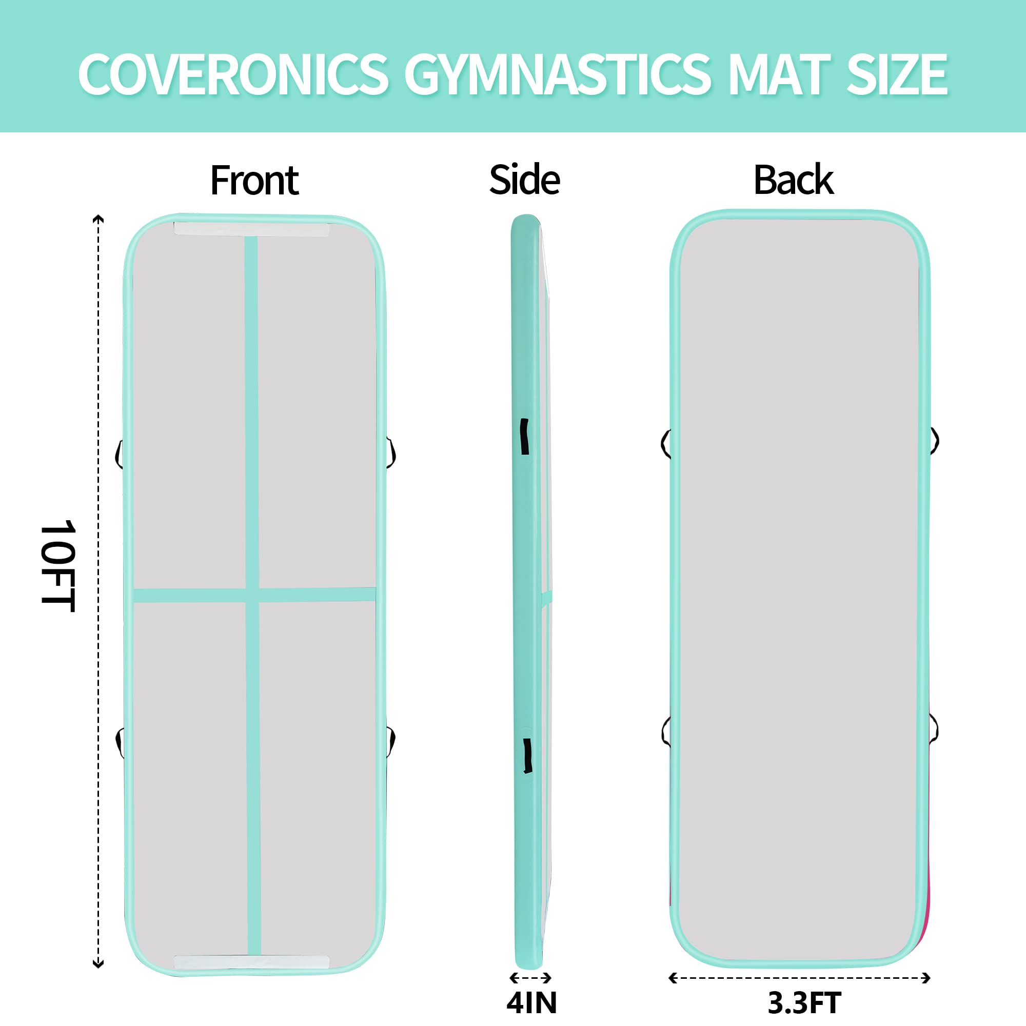 COVERONICS Air Gymnastics Training Mats - 10FT Inflatable Gymnastics Mats Tumble Track with Pump & Storage Bag for Gymnastics Training/Home&Outdoor Use/Cheerleading/Yoga/Water