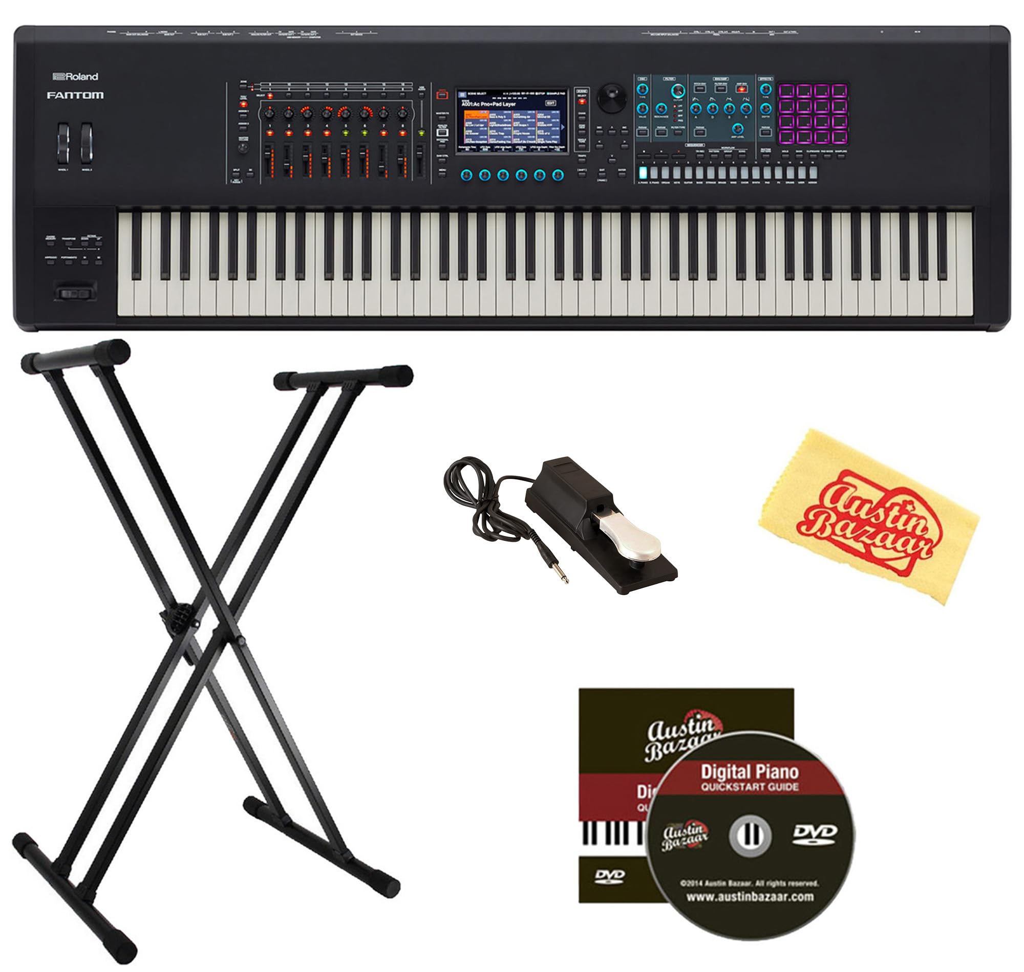 Roland Fantom-08 Synthesizer Keyboard - Bundle with Double Braced X-Style Keyboard Stand, Sustain Pedal, Instructional DVD, Online Piano Lessons, and Austin Bazaar Polishing Cloth