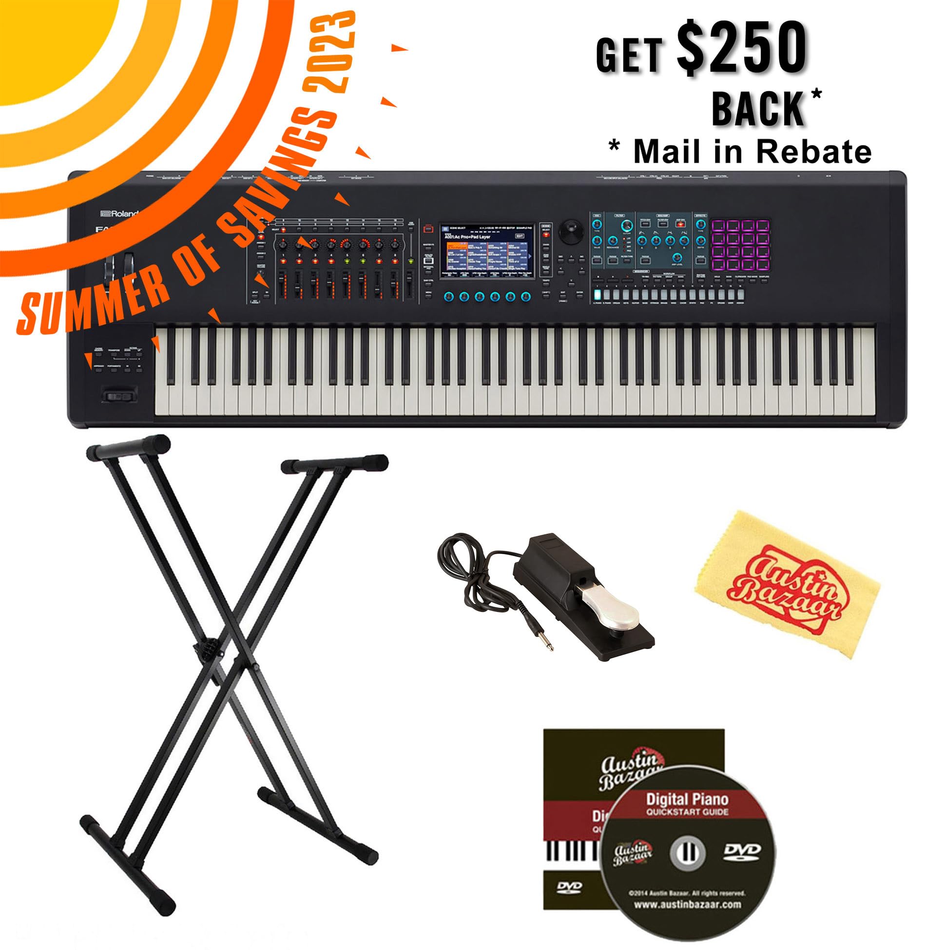 Roland Fantom-08 Synthesizer Keyboard - Bundle with Double Braced X-Style Keyboard Stand, Sustain Pedal, Instructional DVD, Online Piano Lessons, and Austin Bazaar Polishing Cloth