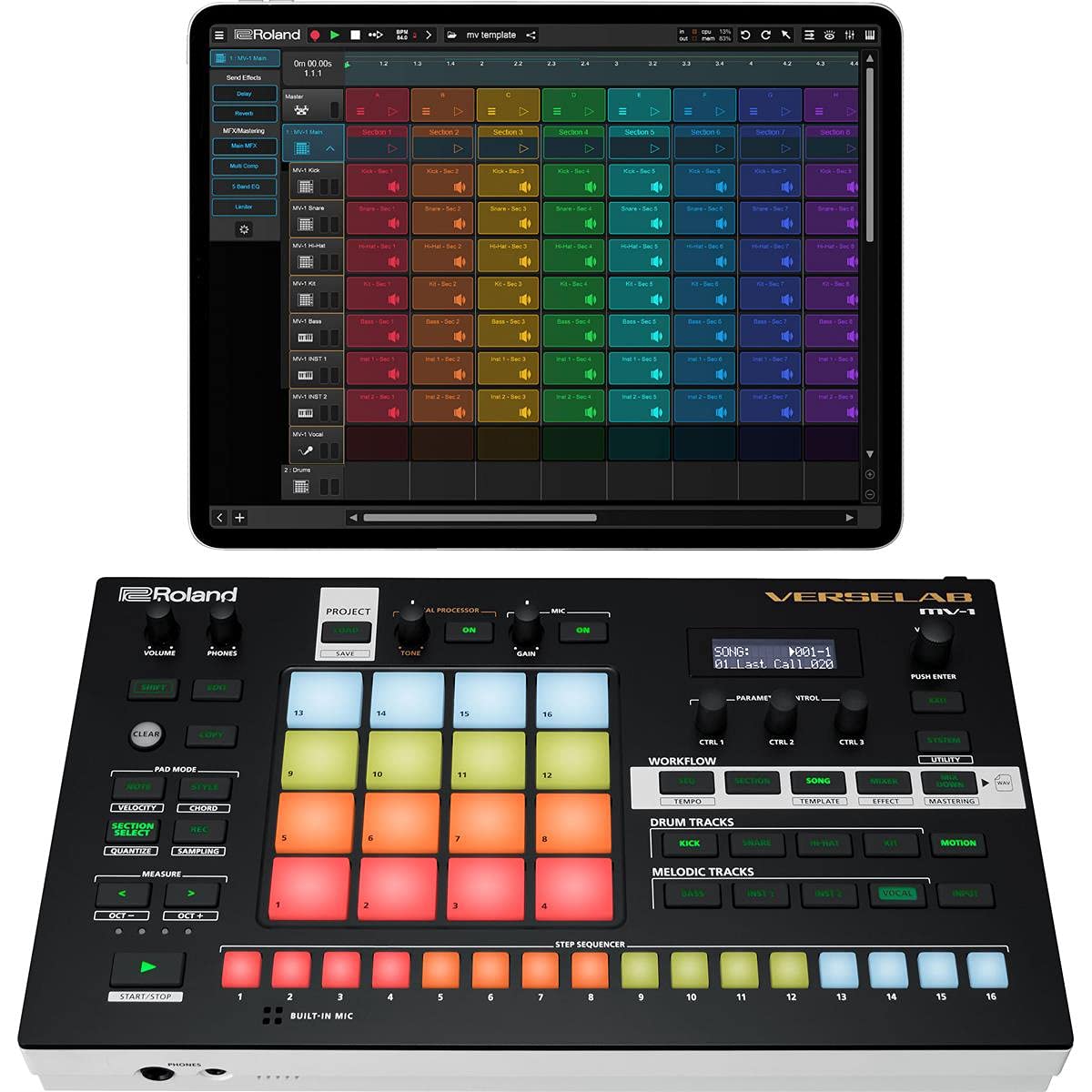 Roland VERSELAB MV-1 ZEN-Core Professional Song Production Studio for Songwriters and Singers. 4x4 pads and TR-REC Step Sequencer for drums, basslines, and melodic parts.