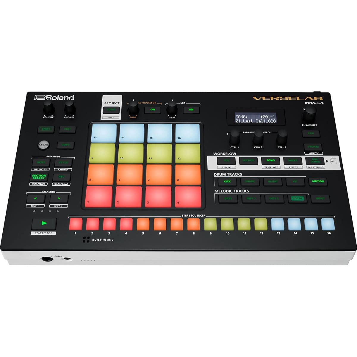 Roland VERSELAB MV-1 ZEN-Core Professional Song Production Studio for Songwriters and Singers. 4x4 pads and TR-REC Step Sequencer for drums, basslines, and melodic parts.