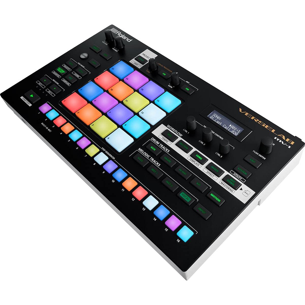 Roland VERSELAB MV-1 ZEN-Core Professional Song Production Studio for Songwriters and Singers. 4x4 pads and TR-REC Step Sequencer for drums, basslines, and melodic parts.