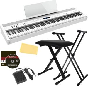 roland fp-60x 88-key digital piano - white bundle with adjustable stand, bench, deluxe sustain pedal, instructional dvd, online piano lessons, and austin bazaar polishing cloth - white