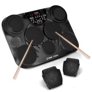 pyle portable drums, tabletop drum set, 7 pad digital drum kit, touch sensitivity, wireless electric drums, drum machine, electric drum pads, led display, mac & pc - pted01