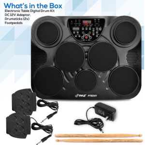 Pyle Portable Drums, Tabletop Drum Set, 7 Pad Digital Drum Kit, Touch Sensitivity, Wireless Electric Drums, Drum Machine, Electric Drum Pads, LED Display, Mac & PC - PTED01