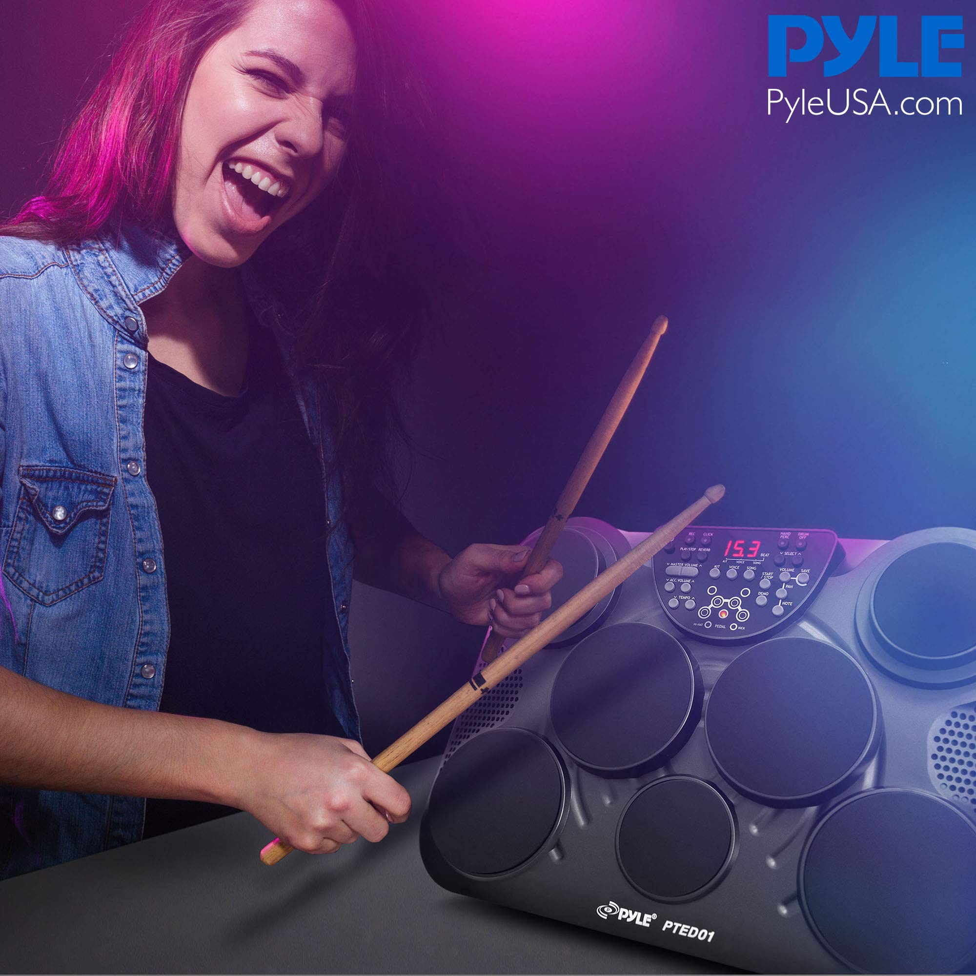 Pyle Portable Drums, Tabletop Drum Set, 7 Pad Digital Drum Kit, Touch Sensitivity, Wireless Electric Drums, Drum Machine, Electric Drum Pads, LED Display, Mac & PC - PTED01