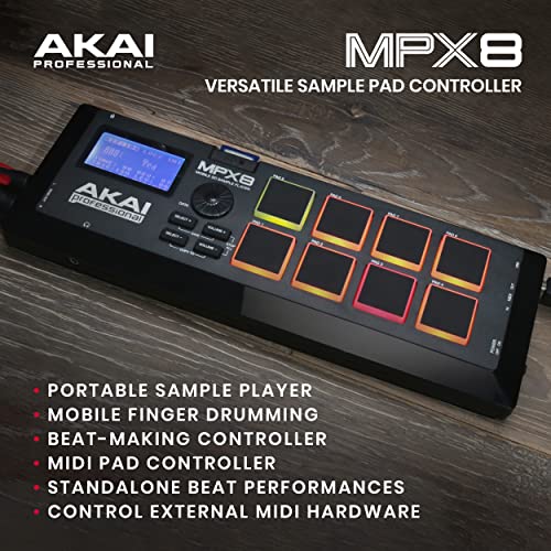 AKAI Professional MPX8 - Portable Sample Pad Controller With 8 Performance-Ready Velocity-Sensitive Pads, MIDI Connectivity & On-Board SD Card Slot