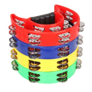 fengwu 4 pack 9" half moon handheld tambourine metal jingles tambourines for adults - double row, plastic musical percussion tambourines music rhythm tambourine (multicolor)