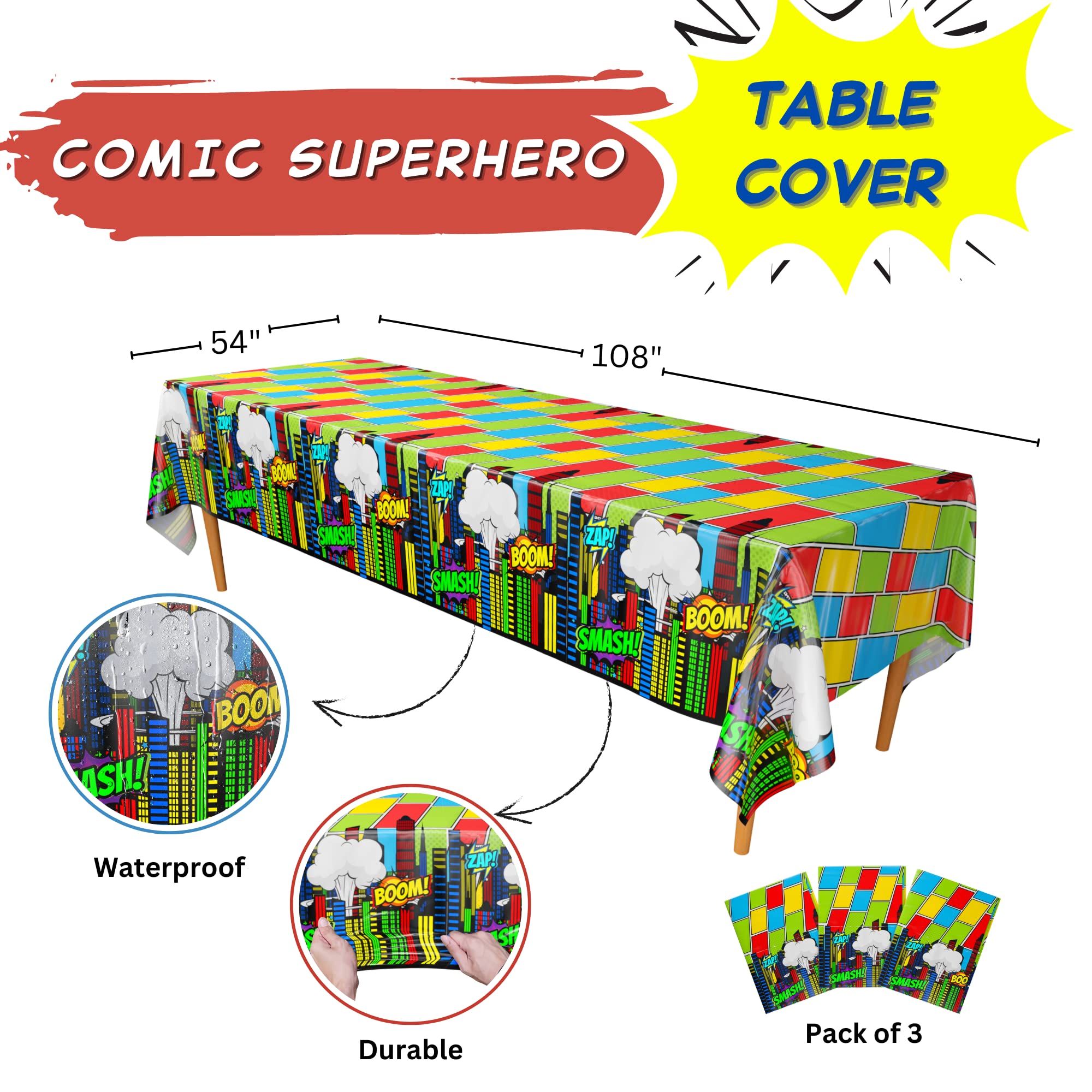 Blue Orchards Comic Superhero Table Covers (Pack of 3) 108"x54" XL - Superhero Table Cloth for Parties, Superhero Party Decoration, Plates and Napkin, Super Hero Brithday Party Supplies