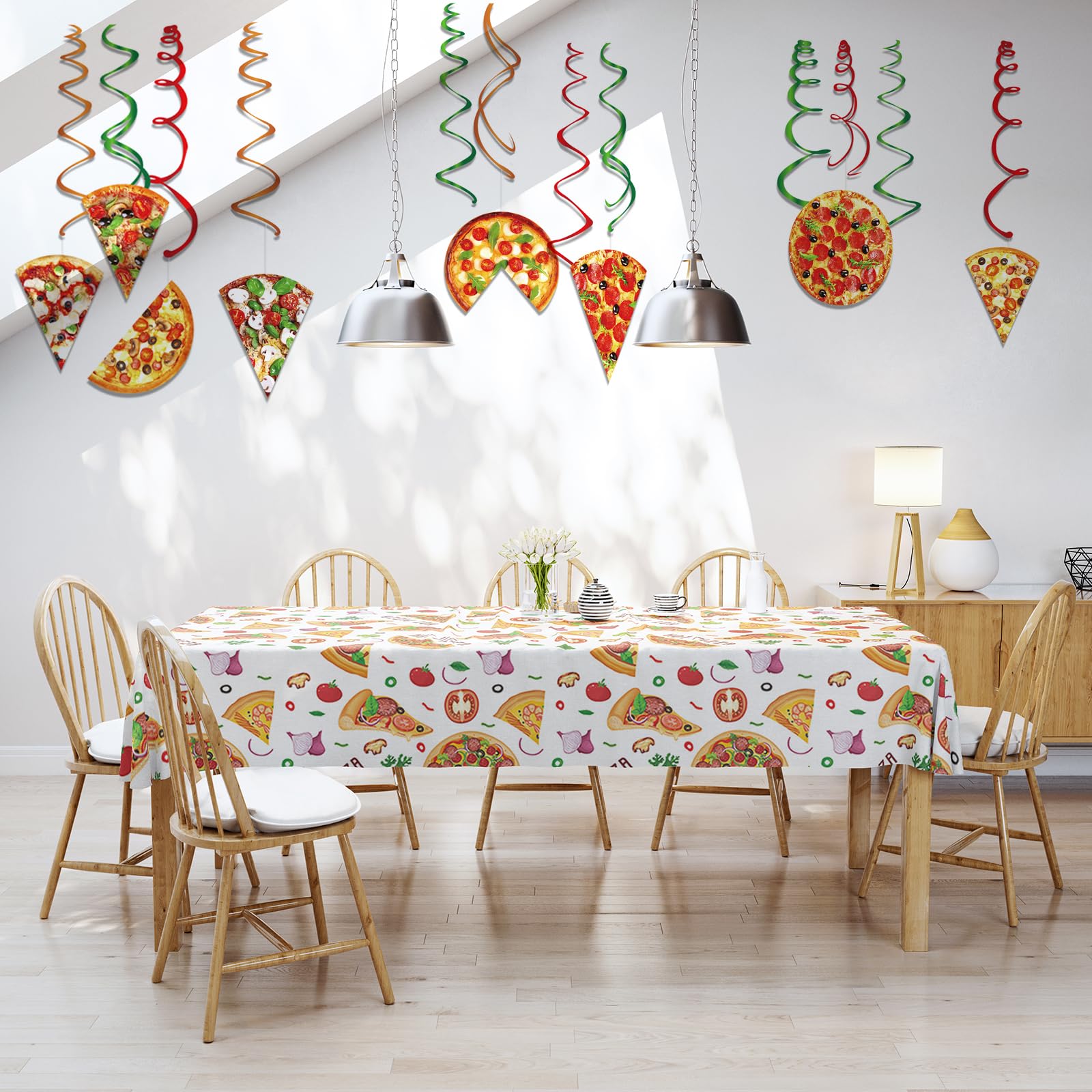 Pizza Party Decorations Theme Supplies Rectangular Tablecloth for Parties Table Covers 2Pcs Picnic Pizza Table Cloths Birthday Party Decor Hanging Swirls Streamers Hanging Decor from Ceiling