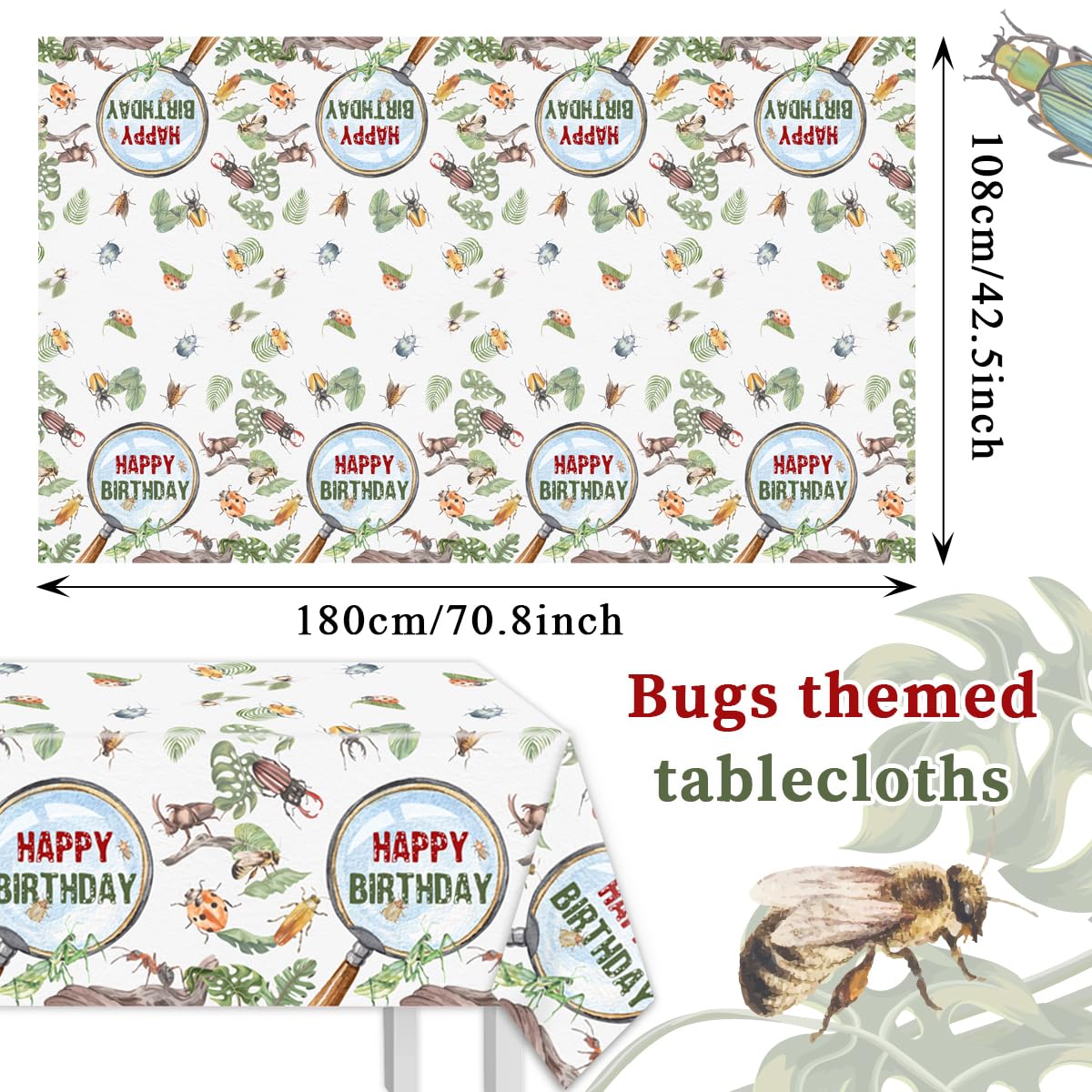 3Pcs Bugs Tablecloths-Bugs Birthday Party Decorations Ladybugs Reptile Themed Disposable Rectangular Plastic Table Covers for Kids Insect Happy Birthday Party Supplies