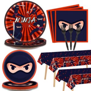 98 Pieces Ninja Birthday Party Decorations Ninja Warrior Tableware Set Karate Plates Napkins Tablecloth Ninja Master Birthday Party Supplies Kit Table Cover Dinnerware Party Favors