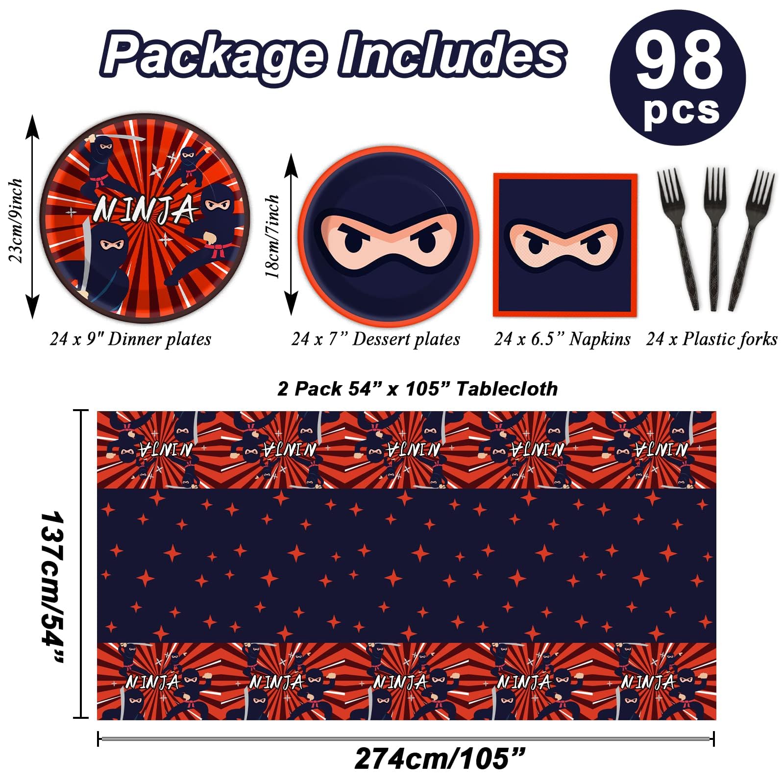 98 Pieces Ninja Birthday Party Decorations Ninja Warrior Tableware Set Karate Plates Napkins Tablecloth Ninja Master Birthday Party Supplies Kit Table Cover Dinnerware Party Favors