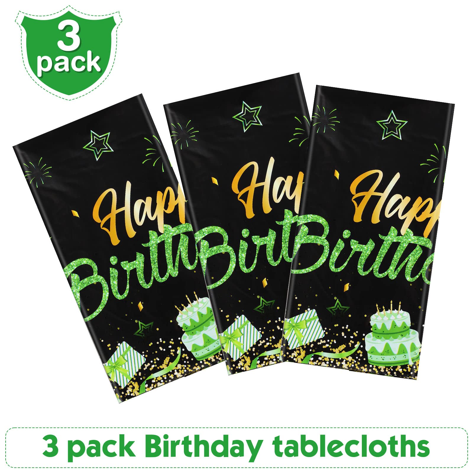 Breling 3 Pack Birthday Party Supplies Confetti Sprinkles Happy Birthday Tablecloths Starry Table Covers for Kids Adults Birthday Party Decorations, 54 x 108 Inches (Green and Black)